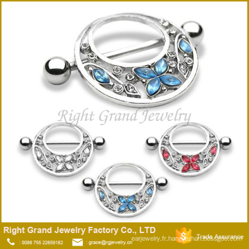 G 14 acier chirurgical rose clair Aqua papillon CZ gemmes bijoux de corps de mamelon anneaux Shields